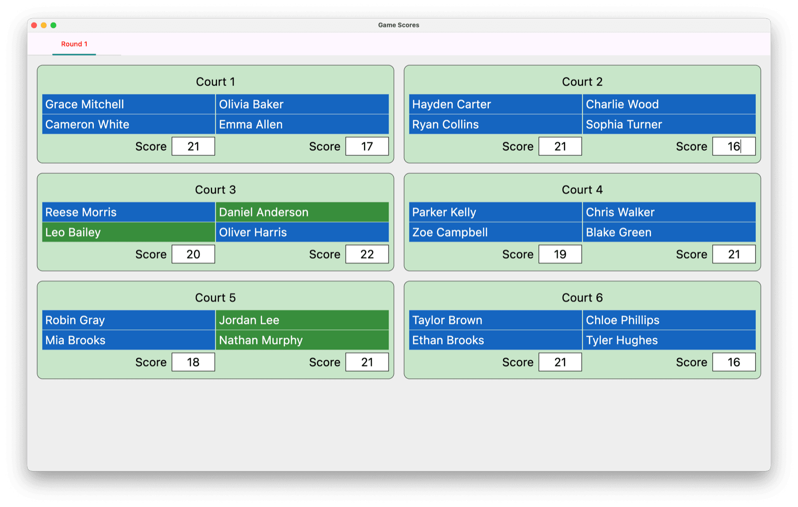 Southern Shots session software: score entry for each court in the round